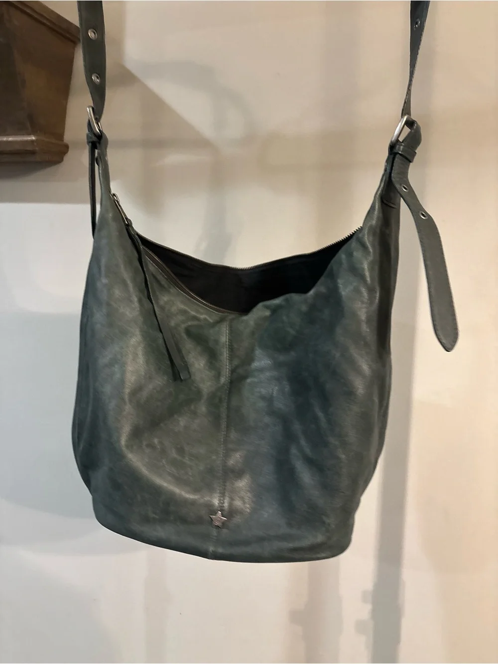 ASH deep green Distressed Leather Studded Braided Strap Hobo Shoulder Bag